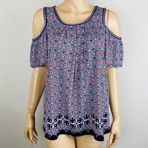 Max Studio Blue Red Bohemian Print Short Cold Should Sleeve Women's S Top